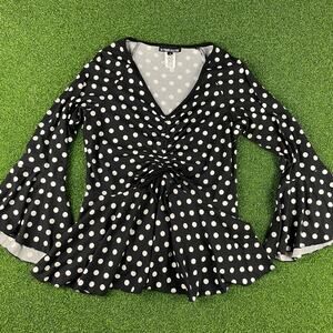 Vintage Y2K The Pyramid Collection Black & White Polka Dot Peplum Flowy Top Sz S